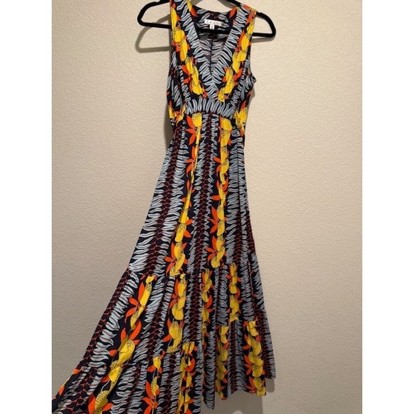 Cabi tired Maxi‎ Dress Tiered Tropical citrus lemon Print  Sz S - Picture 1 of 5